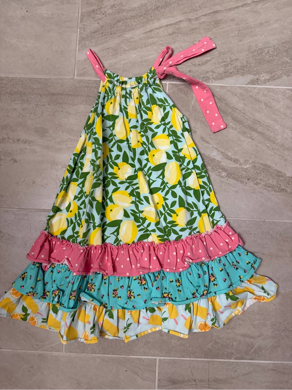 Matilda Jane Yellow Lemon & Green Leaf Halter Dress with Pink Polka Dot Tie